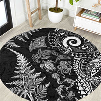 New Zealand Sea Animals Round Carpet with Maori Koru Tribal Tattoo and Silver Ferns Black Color LT03 Black - Polynesian Pride