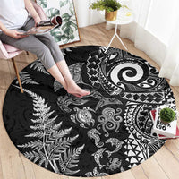 New Zealand Sea Animals Round Carpet with Maori Koru Tribal Tattoo and Silver Ferns Black Color LT03 - Polynesian Pride