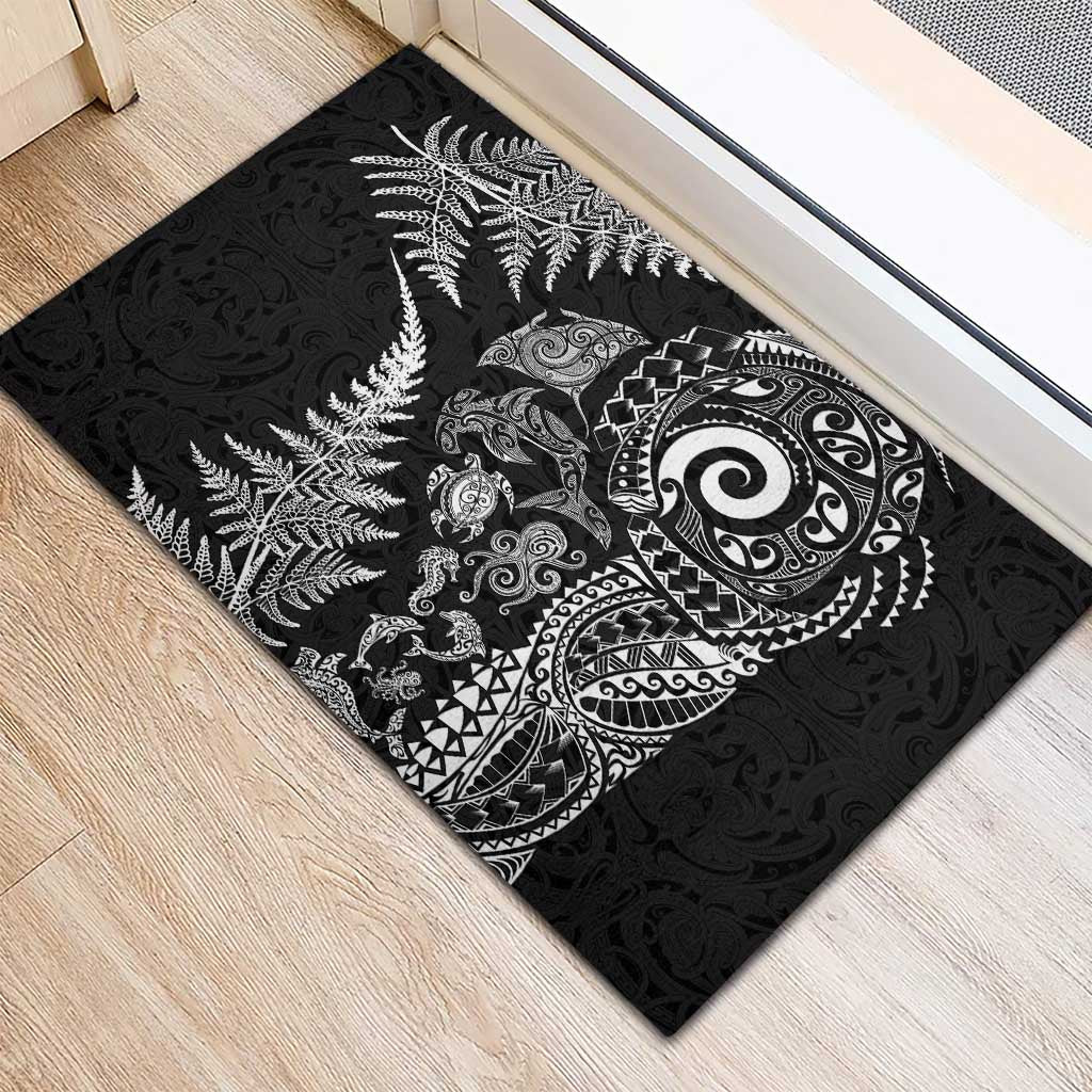 New Zealand Sea Animals Rubber Doormat with Maori Koru Tribal Tattoo and Silver Ferns Black Color LT03 - Polynesian Pride