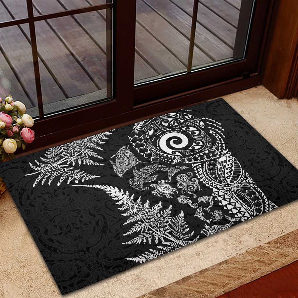 New Zealand Sea Animals Rubber Doormat with Maori Koru Tribal Tattoo and Silver Ferns Black Color LT03 - Polynesian Pride