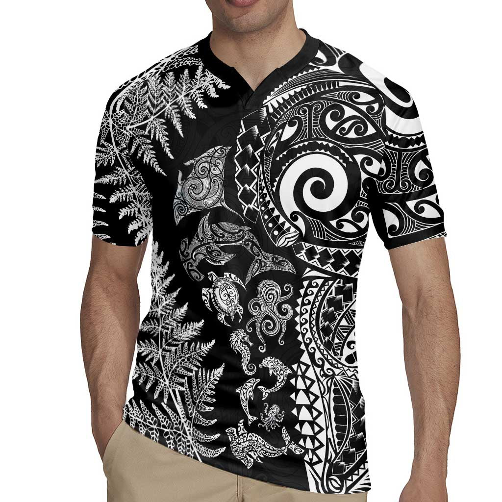 New Zealand Sea Animals Rugby Jersey with Maori Koru Tribal Tattoo and Silver Ferns Black Color LT03 - Polynesian Pride