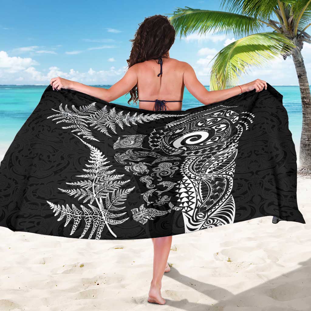 New Zealand Sea Animals Sarong with Maori Koru Tribal Tattoo and Silver Ferns Black Color LT03 - Polynesian Pride