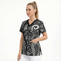 New Zealand Sea Animals Scrub Top with Maori Koru Tribal Tattoo and Silver Ferns Black Color LT03 - Polynesian Pride