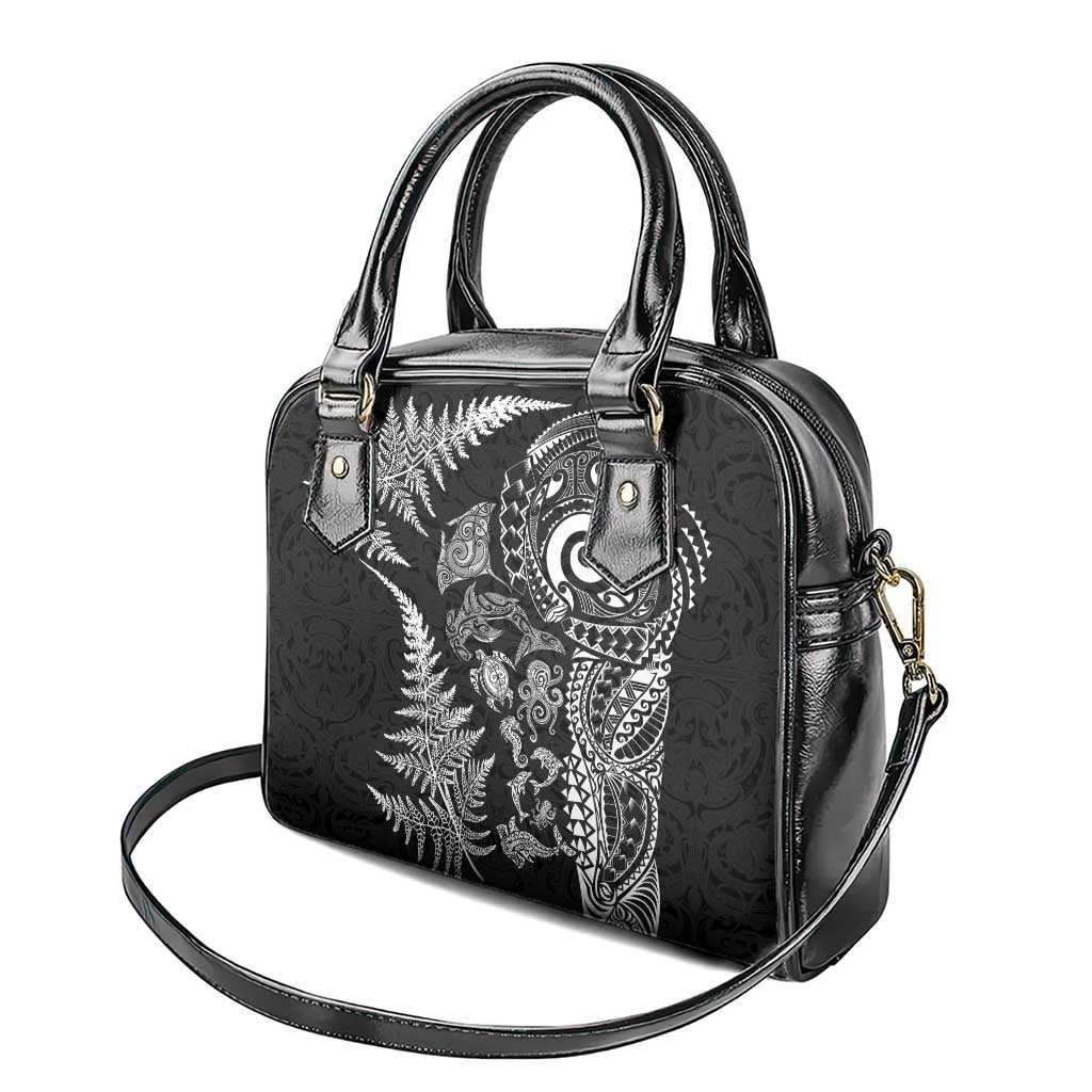 New Zealand Sea Animals Shoulder Handbag with Maori Koru Tribal Tattoo and Silver Ferns Black Color LT03 - Polynesian Pride