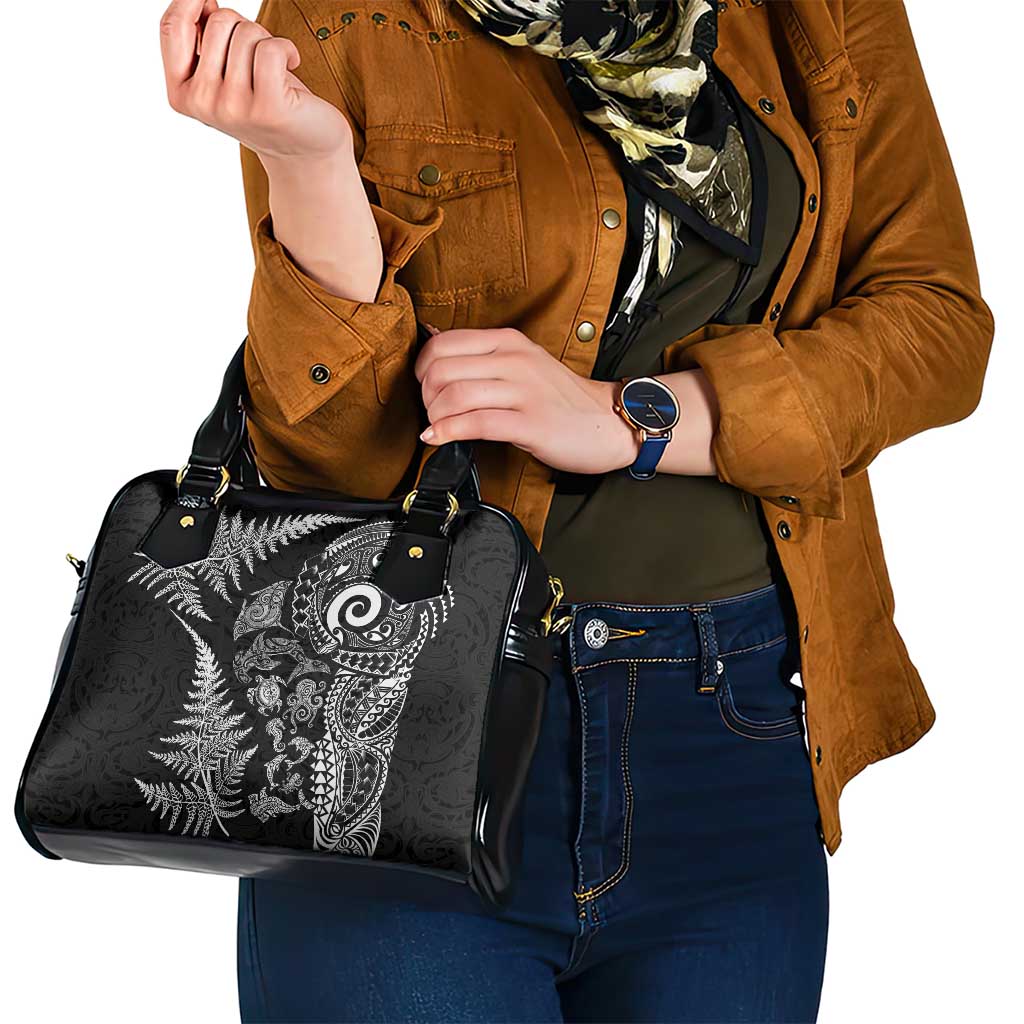 New Zealand Sea Animals Shoulder Handbag with Maori Koru Tribal Tattoo and Silver Ferns Black Color LT03 - Polynesian Pride