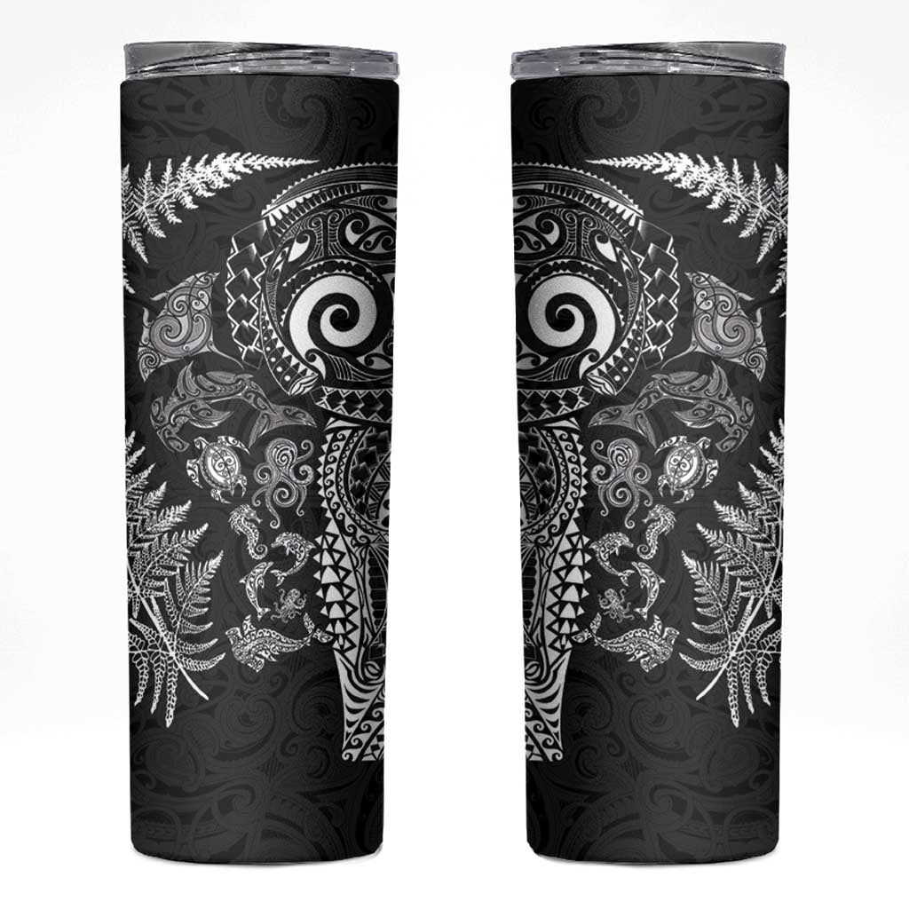 New Zealand Sea Animals Skinny Tumbler with Maori Koru Tribal Tattoo and Silver Ferns Black Color LT03 Black - Polynesian Pride