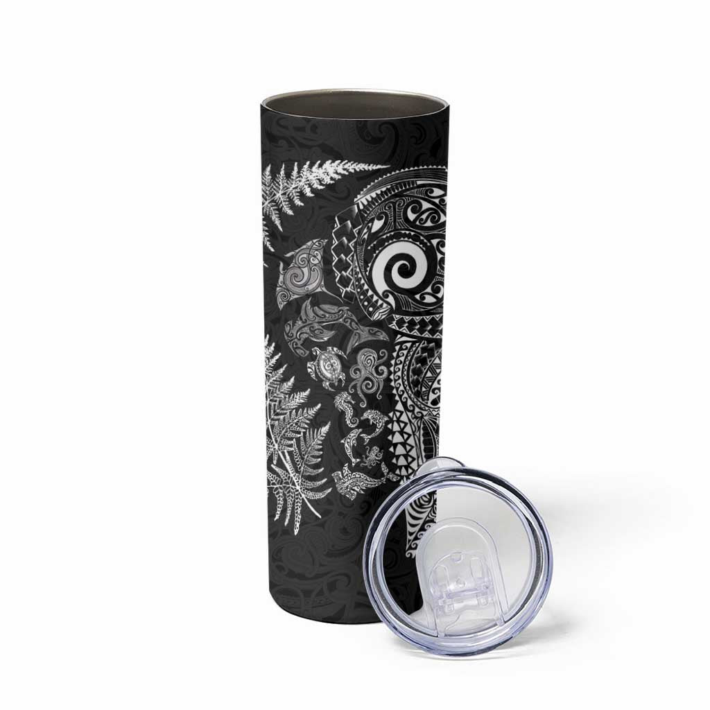 New Zealand Sea Animals Skinny Tumbler with Maori Koru Tribal Tattoo and Silver Ferns Black Color LT03 - Polynesian Pride
