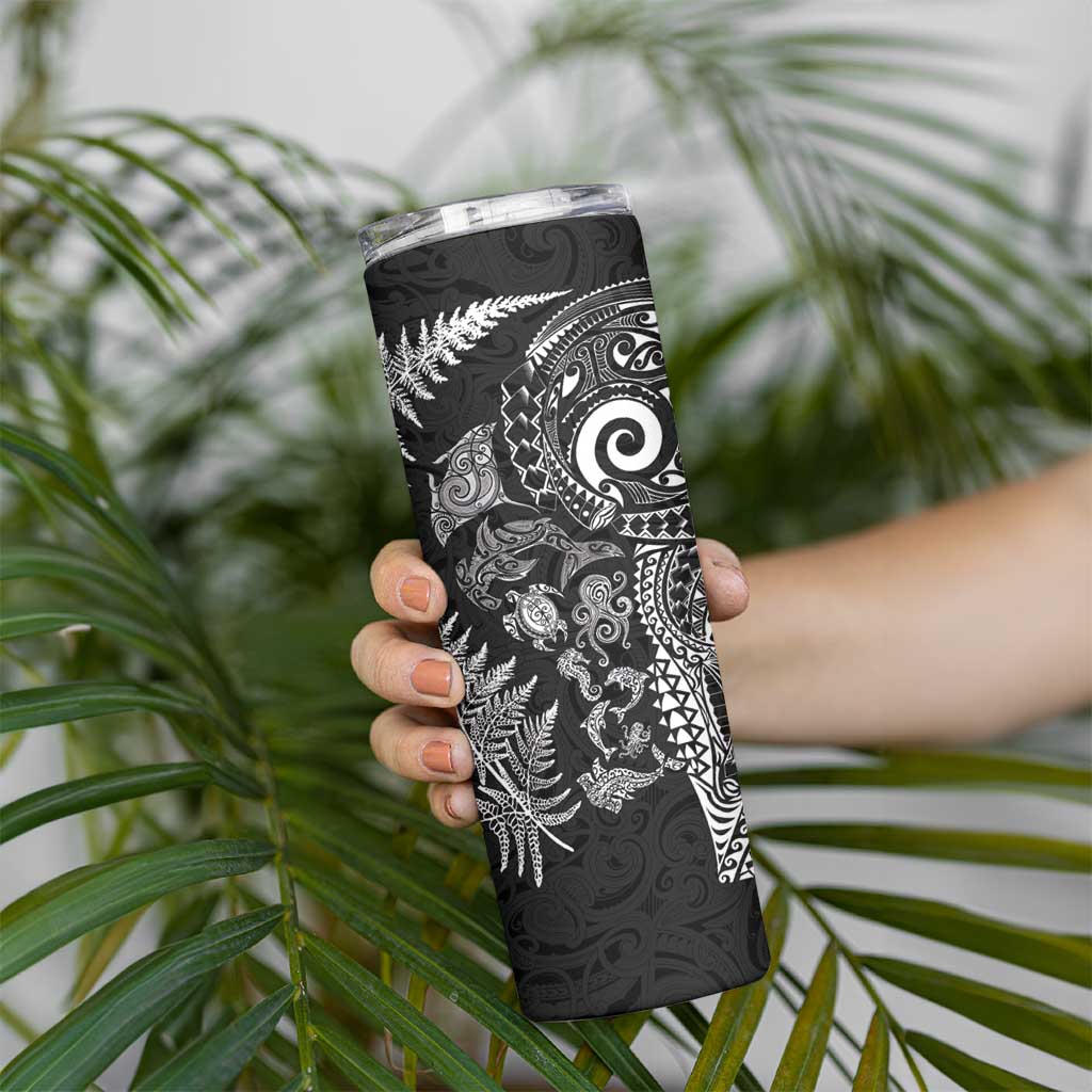 New Zealand Sea Animals Skinny Tumbler with Maori Koru Tribal Tattoo and Silver Ferns Black Color LT03 - Polynesian Pride