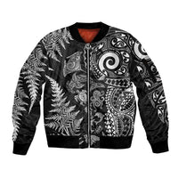 New Zealand Sea Animals Sleeve Zip Bomber Jacket with Maori Koru Tribal Tattoo and Silver Ferns Black Color LT03 Unisex Black - Polynesian Pride