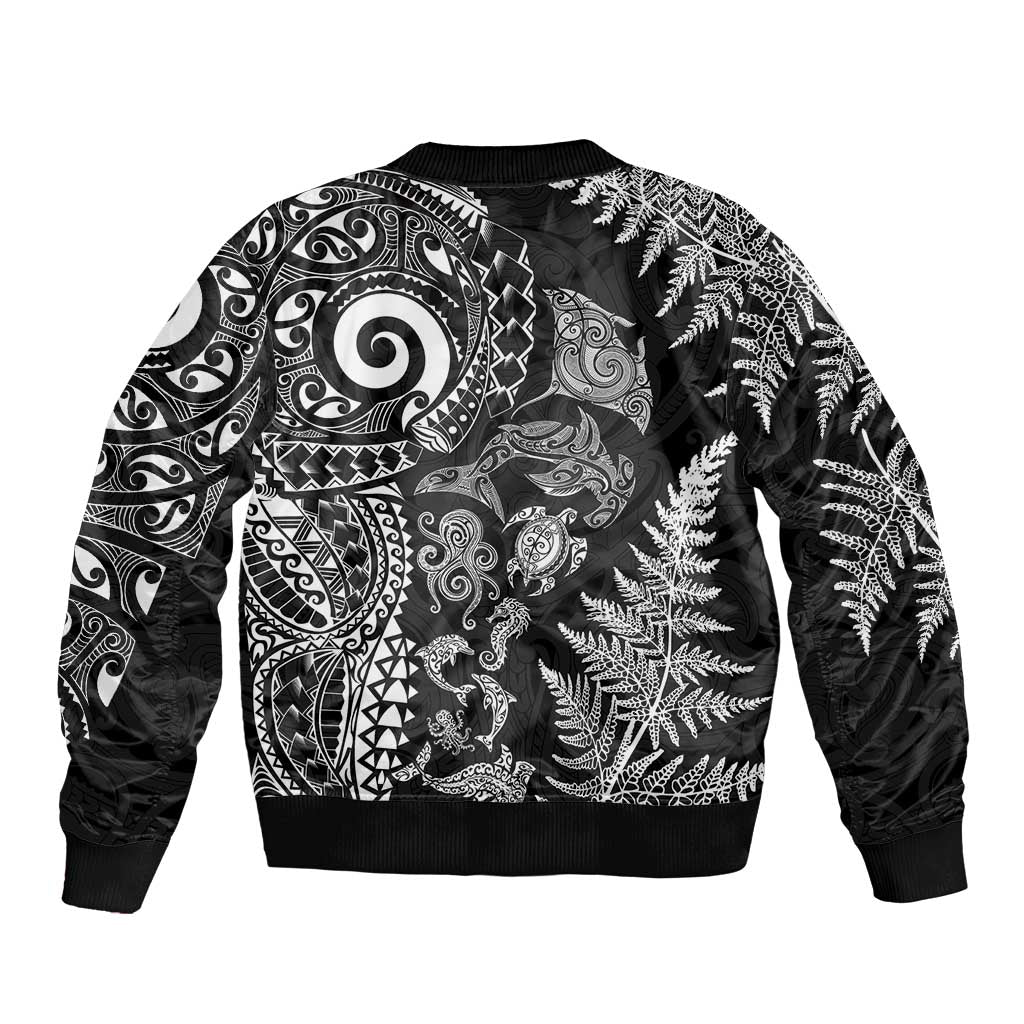New Zealand Sea Animals Sleeve Zip Bomber Jacket with Maori Koru Tribal Tattoo and Silver Ferns Black Color LT03 - Polynesian Pride