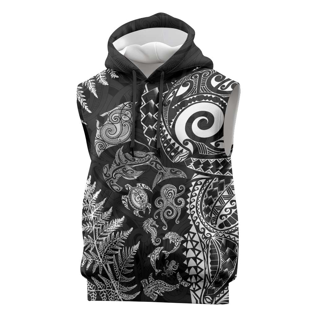 New Zealand Sea Animals Sleeveless Hoodie with Maori Koru Tribal Tattoo and Silver Ferns Black Color