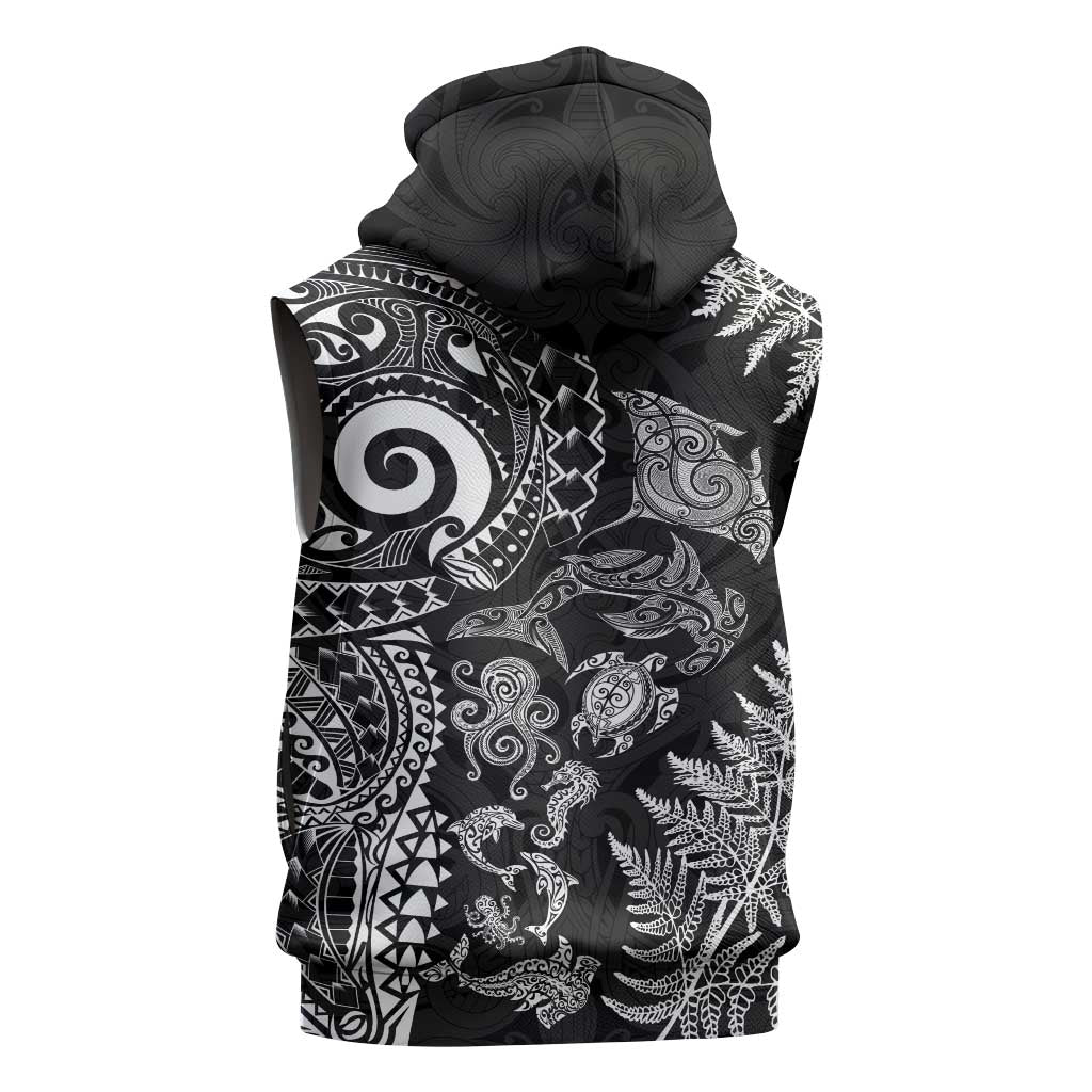 New Zealand Sea Animals Sleeveless Hoodie with Maori Koru Tribal Tattoo and Silver Ferns Black Color LT03 - Polynesian Pride