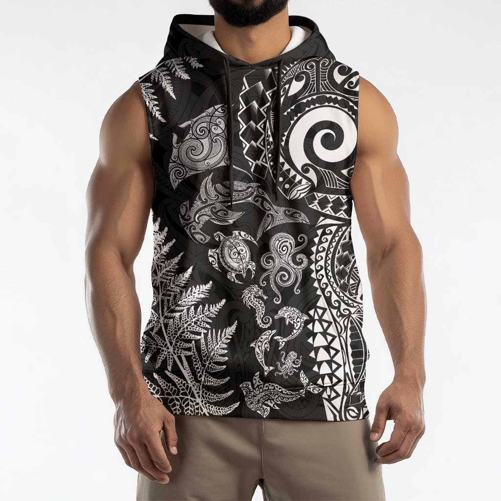 New Zealand Sea Animals Sleeveless Hoodie with Maori Koru Tribal Tattoo and Silver Ferns Black Color LT03 - Polynesian Pride