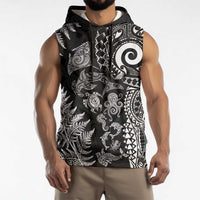 New Zealand Sea Animals Sleeveless Hoodie with Maori Koru Tribal Tattoo and Silver Ferns Black Color LT03 - Polynesian Pride