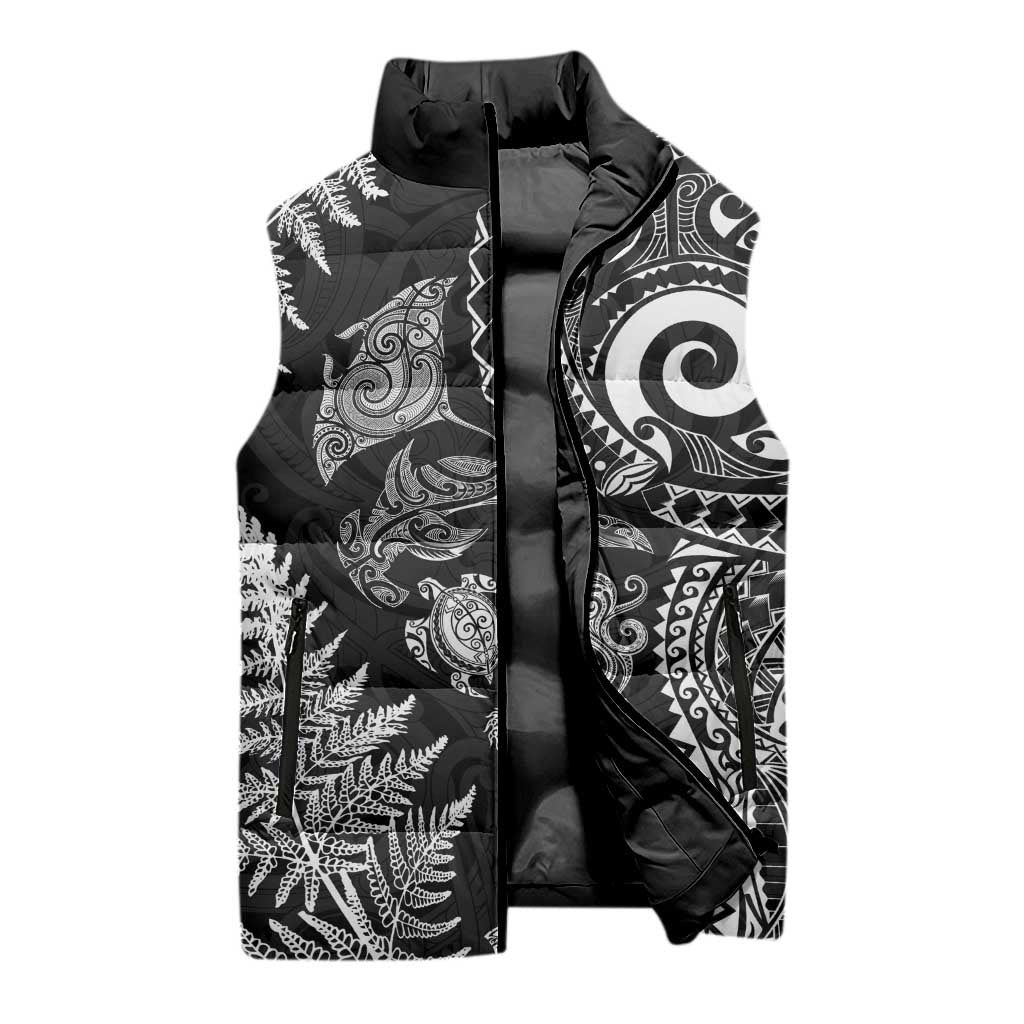 New Zealand Sea Animals Sleeveless Puffer Jacket with Maori Koru Tribal Tattoo and Silver Ferns Black Color