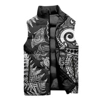 New Zealand Sea Animals Sleeveless Puffer Jacket with Maori Koru Tribal Tattoo and Silver Ferns Black Color