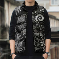 New Zealand Sea Animals Sleeveless Puffer Jacket with Maori Koru Tribal Tattoo and Silver Ferns Black Color