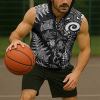 New Zealand Sea Animals Sleeveless Zip Hoodie with Maori Koru Tribal Tattoo and Silver Ferns Black Color LT03 - Polynesian Pride