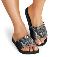 New Zealand Sea Animals Slide Sandals with Maori Koru Tribal Tattoo and Silver Ferns Black Color LT03 - Polynesian Pride