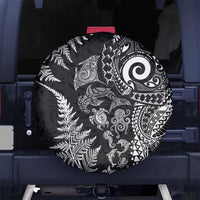 New Zealand Sea Animals Spare Tire Cover with Maori Koru Tribal Tattoo and Silver Ferns Black Color LT03 No hole Black - Polynesian Pride