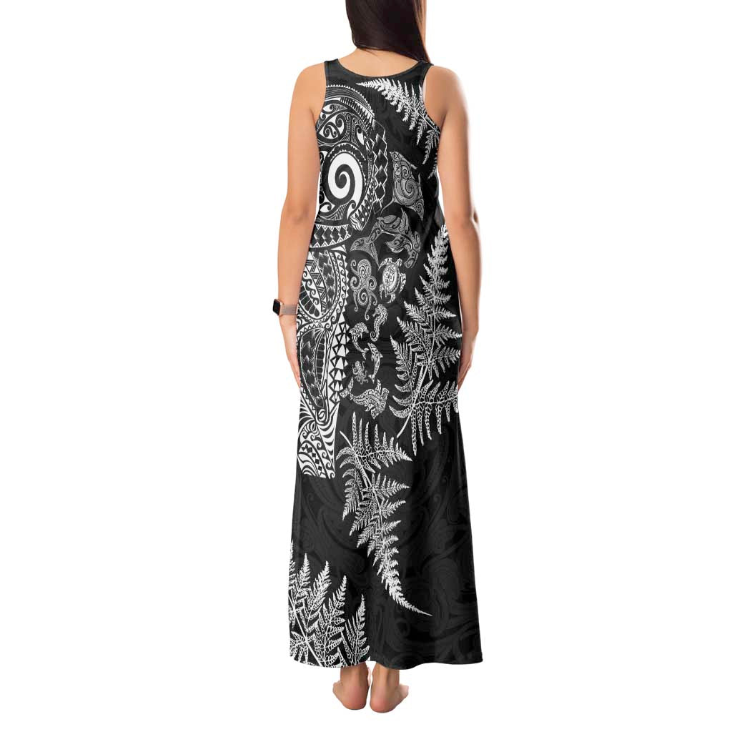 New Zealand Sea Animals Tank Maxi Dress with Maori Koru Tribal Tattoo and Silver Ferns Black Color