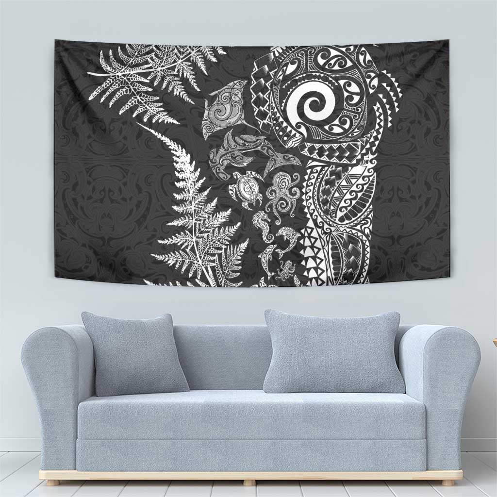 New Zealand Sea Animals Tapestry with Maori Koru Tribal Tattoo and Silver Ferns Black Color LT03 - Polynesian Pride