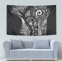 New Zealand Sea Animals Tapestry with Maori Koru Tribal Tattoo and Silver Ferns Black Color LT03 - Polynesian Pride