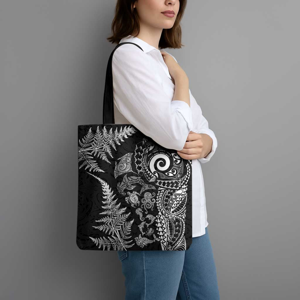 New Zealand Sea Animals Tote Bag with Maori Koru Tribal Tattoo and Silver Ferns Black Color LT03 - Polynesian Pride