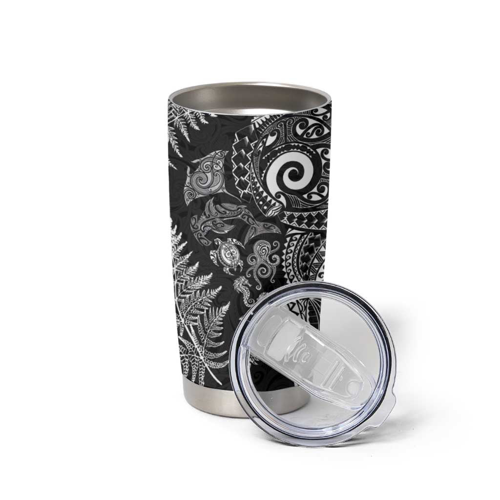 New Zealand Sea Animals Tumbler Cup with Maori Koru Tribal Tattoo and Silver Ferns Black Color LT03 - Polynesian Pride