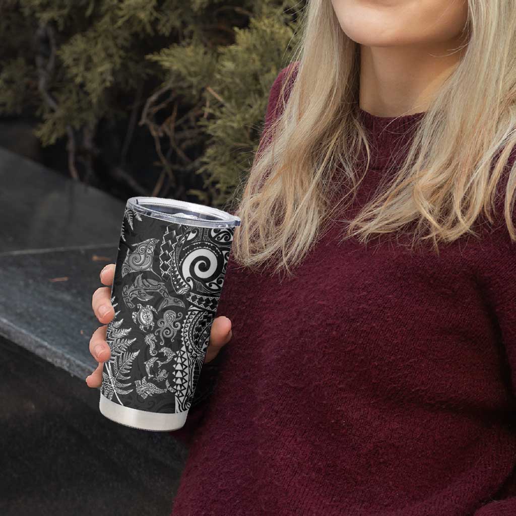 New Zealand Sea Animals Tumbler Cup with Maori Koru Tribal Tattoo and Silver Ferns Black Color LT03 - Polynesian Pride