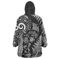 New Zealand Sea Animals Wearable Blanket Hoodie with Maori Koru Tribal Tattoo and Silver Ferns Black Color LT03 - Polynesian Pride