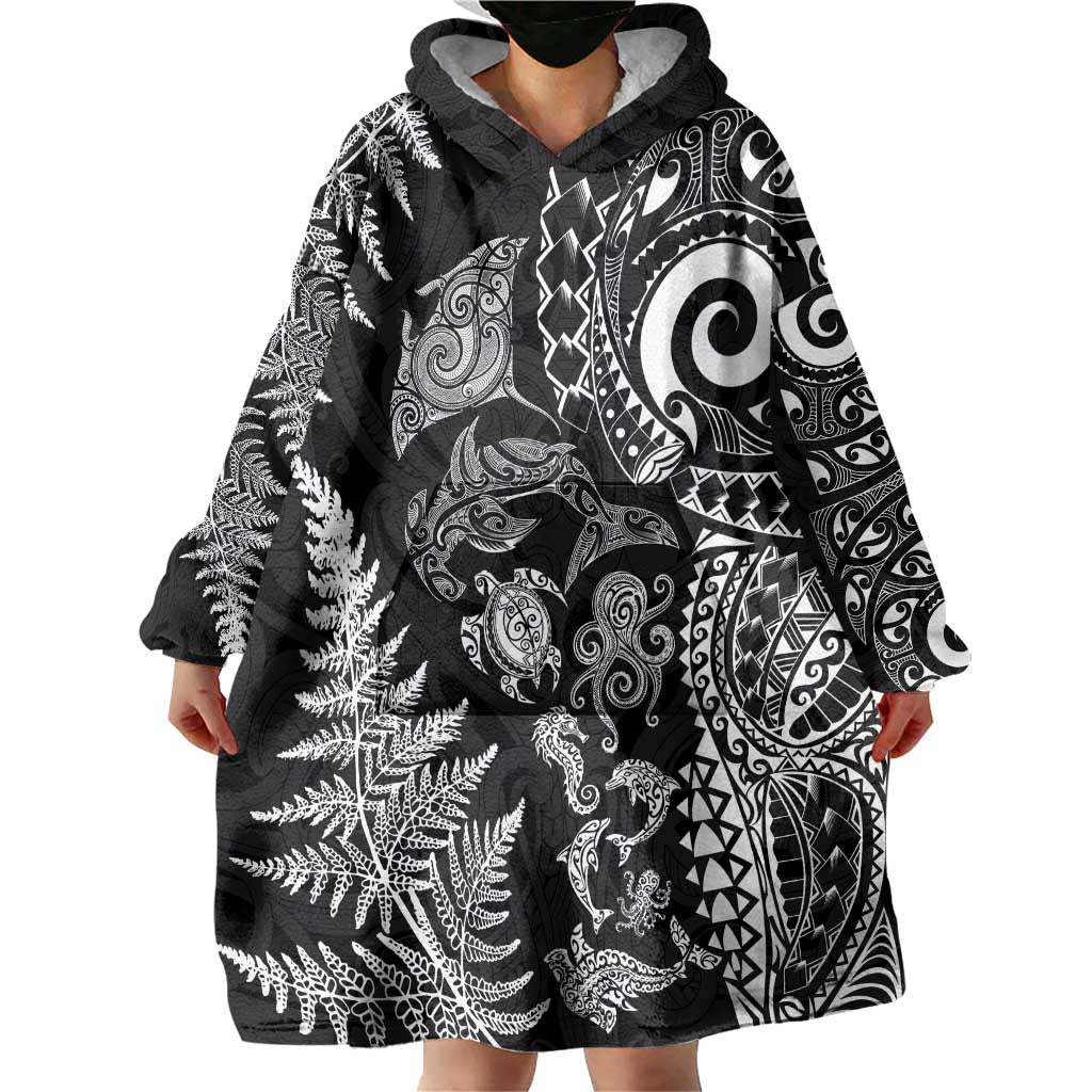 New Zealand Sea Animals Wearable Blanket Hoodie with Maori Koru Tribal Tattoo and Silver Ferns Black Color LT03 - Polynesian Pride