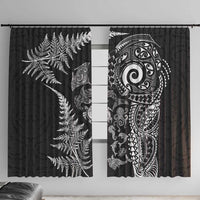New Zealand Sea Animals Window Curtain with Maori Koru Tribal Tattoo and Silver Ferns Black Color LT03 With Hooks Black - Polynesian Pride