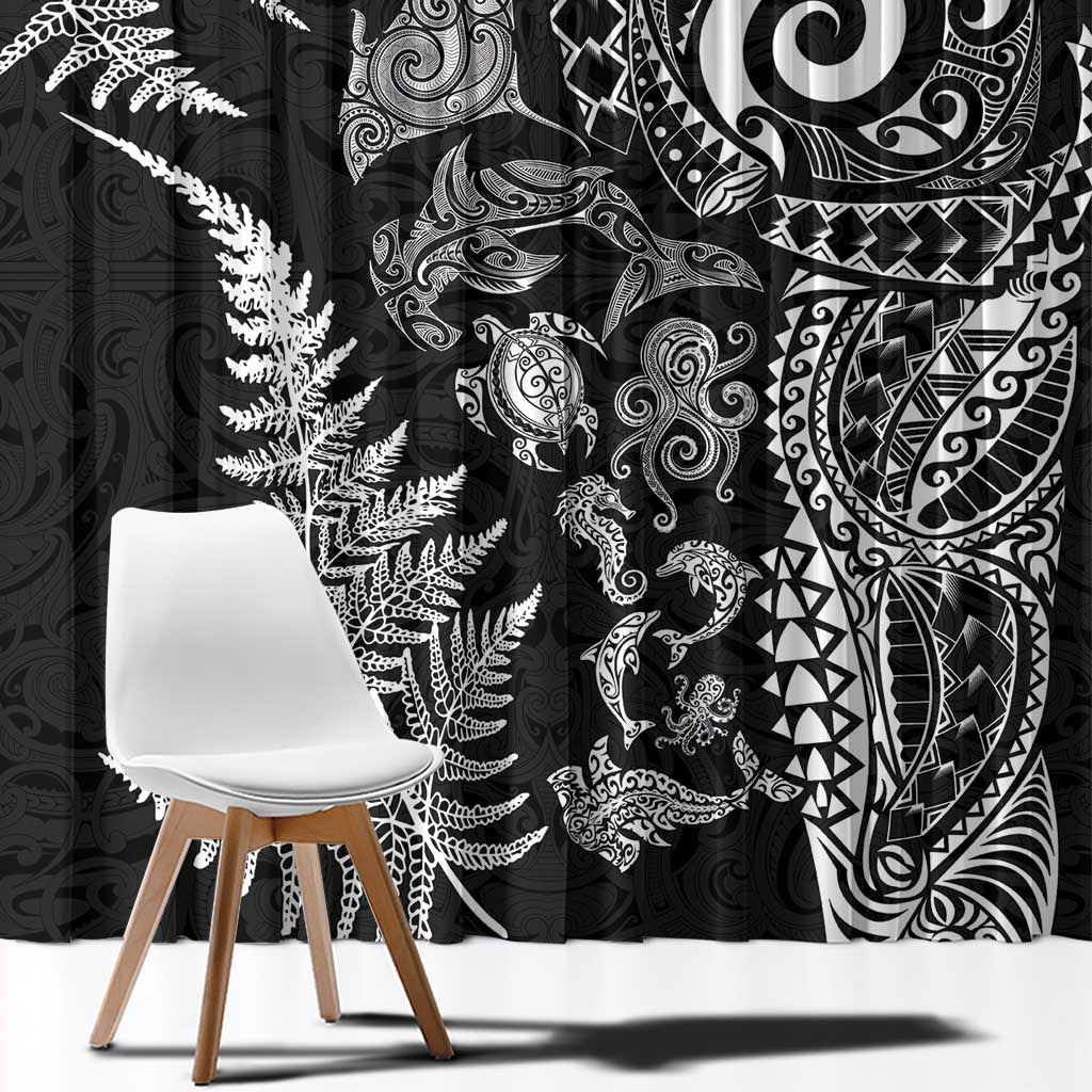 New Zealand Sea Animals Window Curtain with Maori Koru Tribal Tattoo and Silver Ferns Black Color LT03 - Polynesian Pride