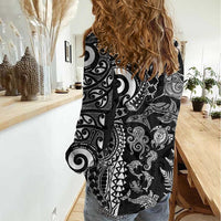 New Zealand Sea Animals Women Casual Shirt with Maori Koru Tribal Tattoo and Silver Ferns Black Color LT03 - Polynesian Pride