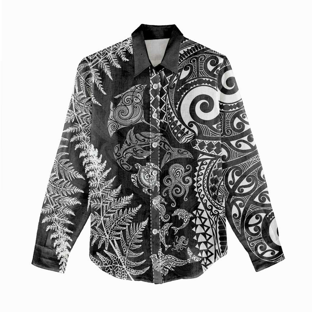 New Zealand Sea Animals Women Casual Shirt with Maori Koru Tribal Tattoo and Silver Ferns Black Color LT03 - Polynesian Pride