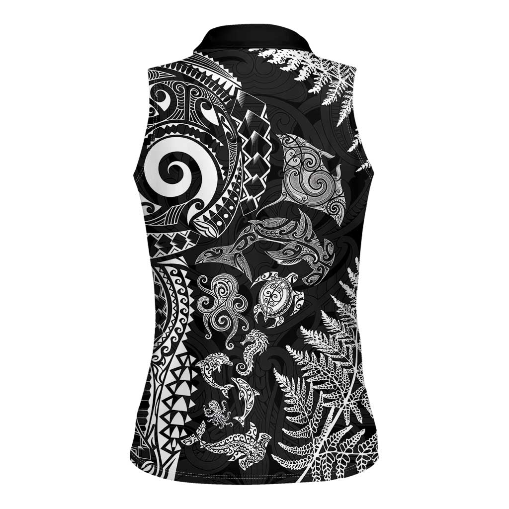 New Zealand Sea Animals Women Sleeveless Polo Shirt with Maori Koru Tribal Tattoo and Silver Ferns Black Color LT03 - Polynesian Pride