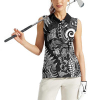 New Zealand Sea Animals Women Sleeveless Polo Shirt with Maori Koru Tribal Tattoo and Silver Ferns Black Color LT03 - Polynesian Pride