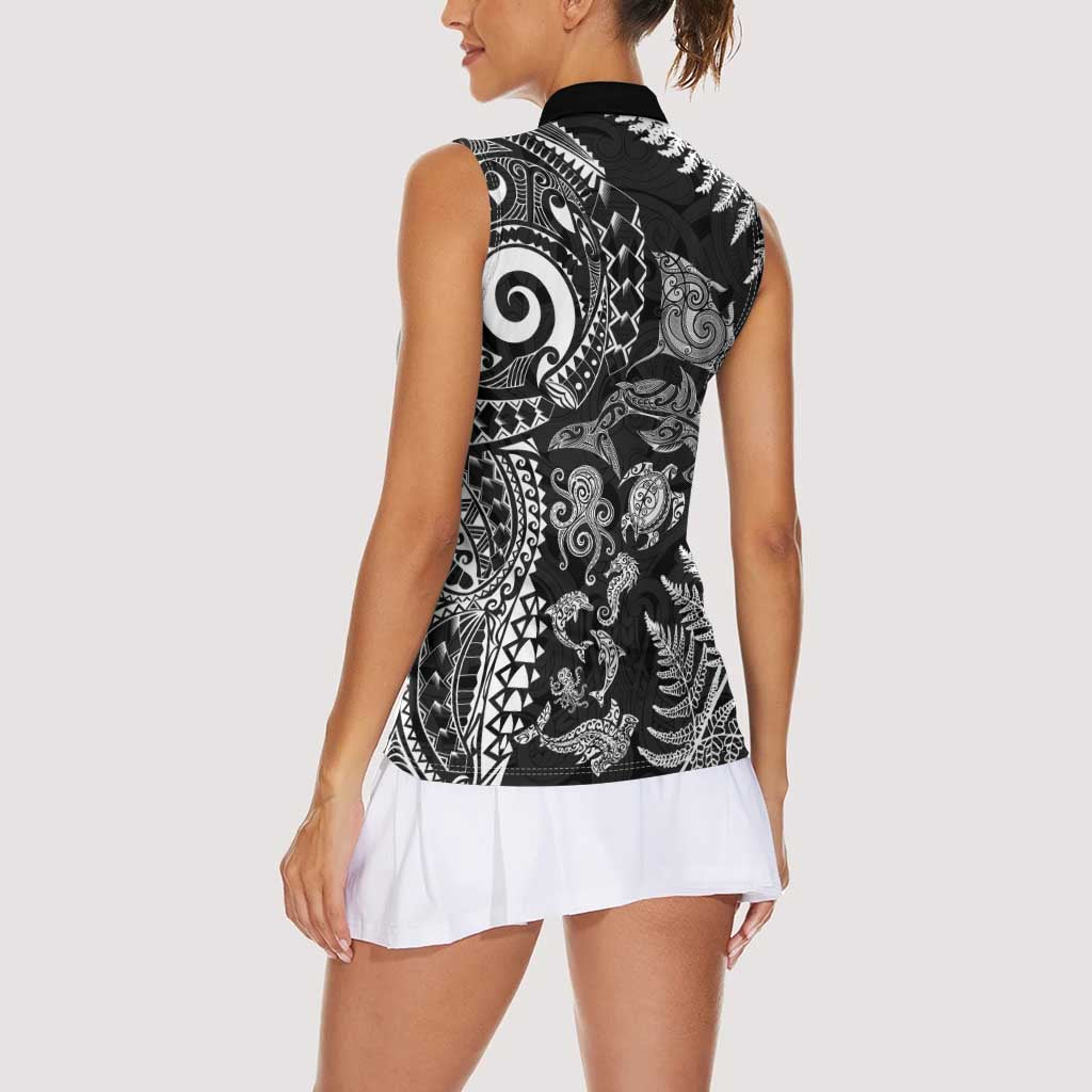 New Zealand Sea Animals Women Sleeveless Polo Shirt with Maori Koru Tribal Tattoo and Silver Ferns Black Color LT03 - Polynesian Pride