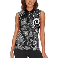 New Zealand Sea Animals Women Sleeveless Polo Shirt with Maori Koru Tribal Tattoo and Silver Ferns Black Color LT03 - Polynesian Pride