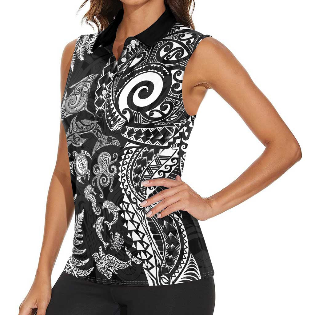 New Zealand Sea Animals Women Sleeveless Polo Shirt with Maori Koru Tribal Tattoo and Silver Ferns Black Color LT03 - Polynesian Pride