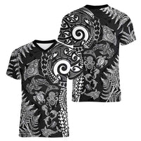 New Zealand Sea Animals Women V-Neck T-Shirt with Maori Koru Tribal Tattoo and Silver Ferns Black Color LT03 - Polynesian Pride