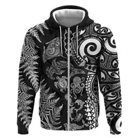 New Zealand Sea Animals Zip Hoodie with Maori Koru Tribal Tattoo and Silver Ferns Black Color LT03 Zip Hoodie Black - Polynesian Pride
