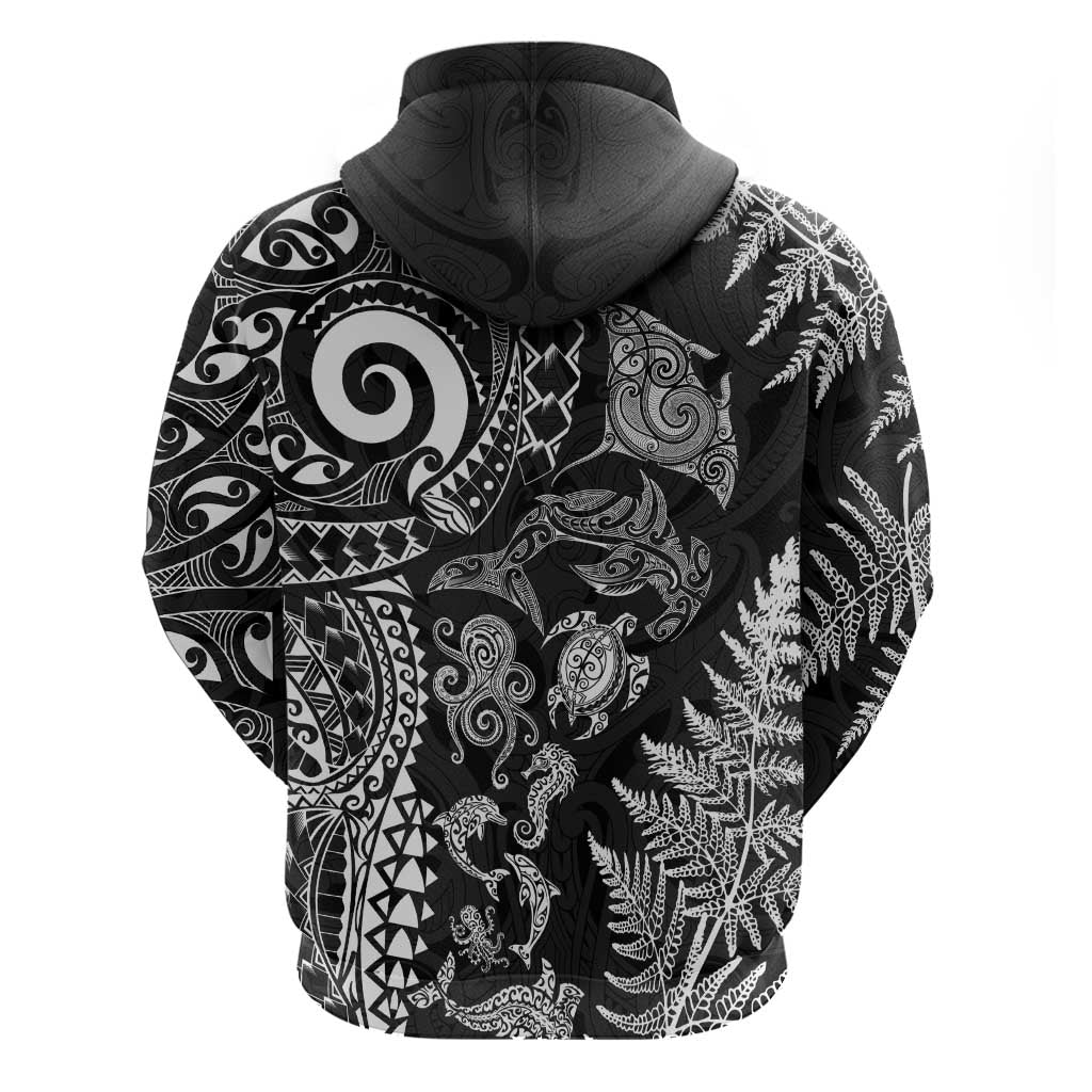 New Zealand Sea Animals Zip Hoodie with Maori Koru Tribal Tattoo and Silver Ferns Black Color LT03 - Polynesian Pride