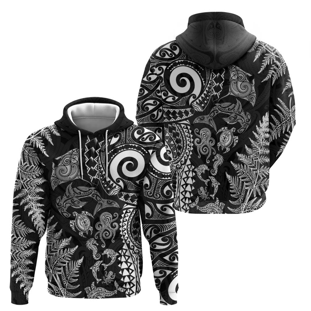 New Zealand Sea Animals Zip Hoodie with Maori Koru Tribal Tattoo and Silver Ferns Black Color LT03 - Polynesian Pride