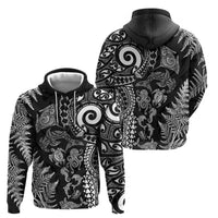 New Zealand Sea Animals Zip Hoodie with Maori Koru Tribal Tattoo and Silver Ferns Black Color LT03 - Polynesian Pride