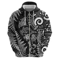 New Zealand Sea Animals Zip Hoodie with Maori Koru Tribal Tattoo and Silver Ferns Black Color LT03 - Polynesian Pride