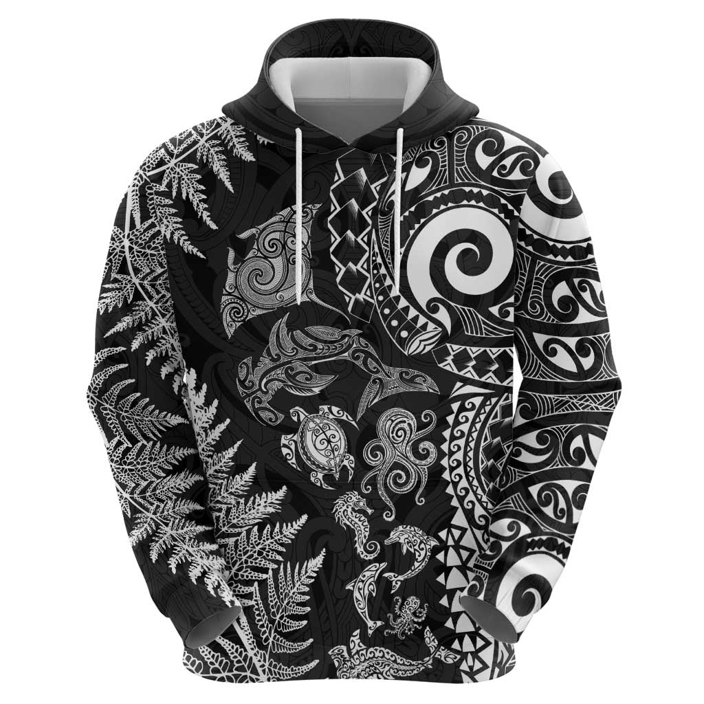 New Zealand Sea Animals Zip Hoodie with Maori Koru Tribal Tattoo and Silver Ferns Black Color LT03 - Polynesian Pride