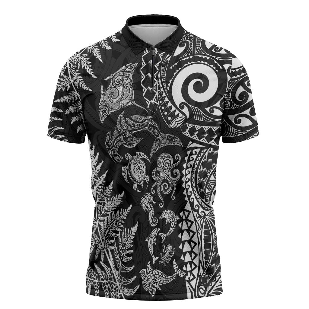 New Zealand Sea Animals Zipper Polo Shirt with Maori Koru Tribal Tattoo and Silver Ferns Black Color LT03 Black - Polynesian Pride