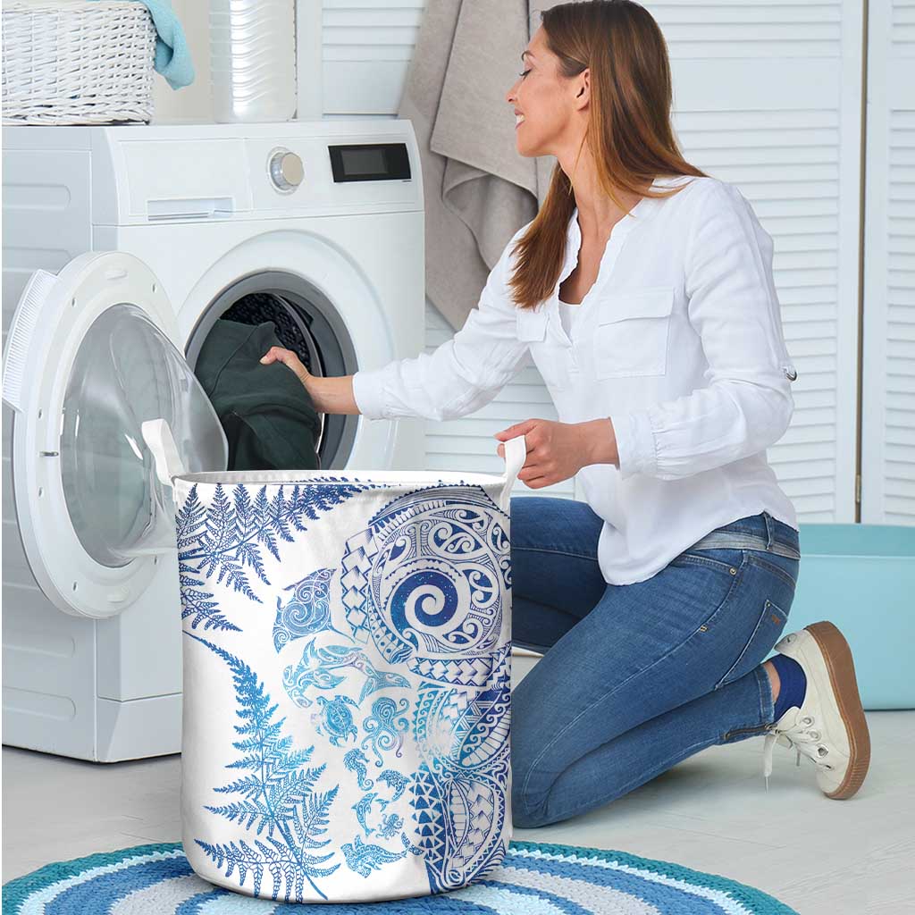 New Zealand Sea Animals Laundry Basket with Maori Koru Tribal Tattoo and Silver Ferns Galaxy Style LT03 - Polynesian Pride